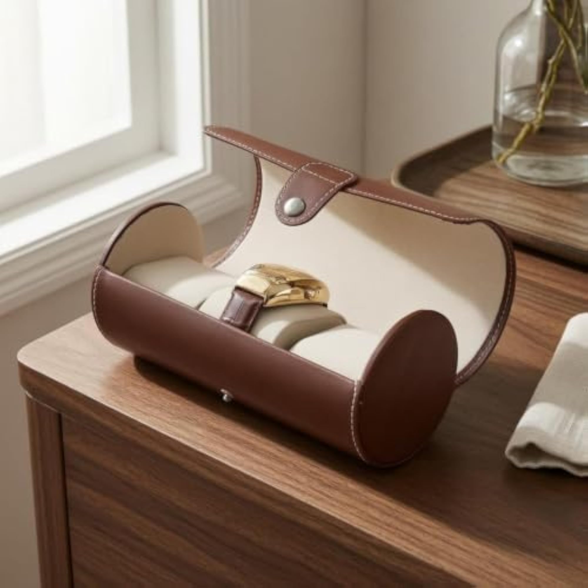 Three-Slot Cylindrical Watch Box, PU Leather