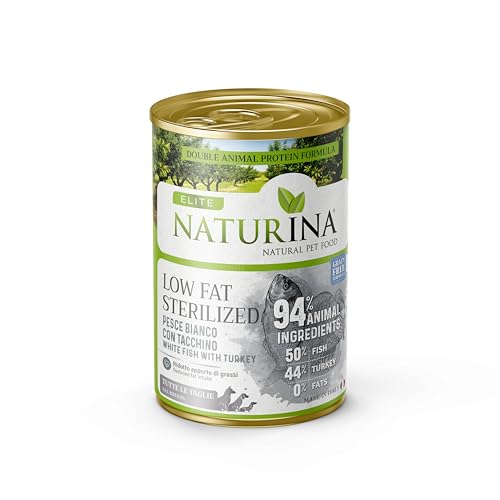 NATURINA - Elite Umido Sterilized per Cani Pesce Bianco con Tacchino di Qualità, Mantiene la Forma Snella, Senza Grano Coloranti e Conservanti, per Cani Sterilizzati, Made in Italy, 12 Lattine da 400g