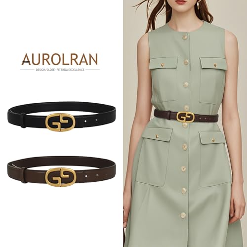 Image of Women's Fashion Classic Metal Buckle Leather Belt with Jeans Dress