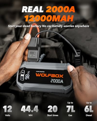 WOLFBOX 2000A connected to a car battery for jump starting