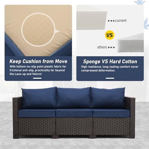 Valita Patio Furniture 3-seat Sofa Brown Wicker Outdoor Furniture Outdoor Couch Deep Seat High Backrest Waterproof Cover Anti-Slip Washable Cushions, Navy Blue