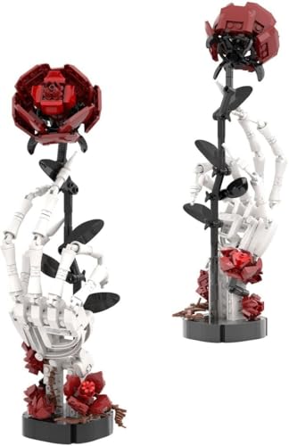 JUCYJULY Skelett Hand mit Rose Baustein Set – 357 Klemmbausteine Blumen Gothic Totenkopf Rosen Bausatz, Strauß Bauset Deko Modell Erwachsene Geschenke Spielzeug (1002)