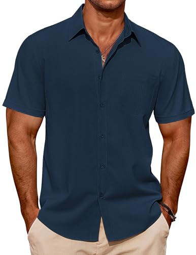 COOFANDY Mens Casual Short Sleeve Shirts Summer Beach Shirt Button Down Textured Shirts Vacation Hawaiian Shirts