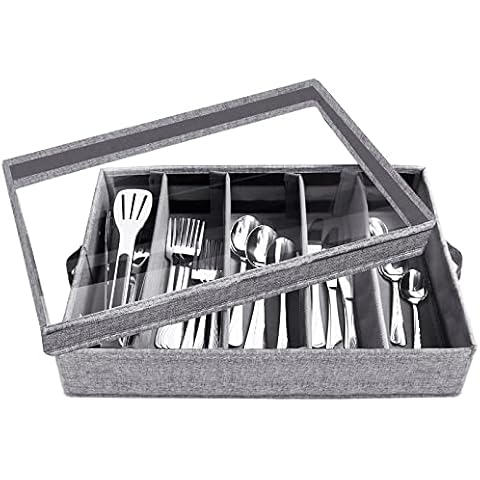VERONLY Silverware Storage Box - Flatware Case Chest Box, 5 Compartment Tableware Cutlery Container with Removable PVC Lid and Easy to Carry Handles,Large Capacity Utensils(Light Grey) Cover