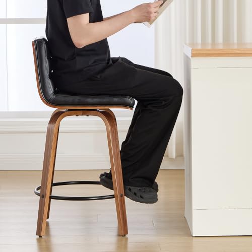 Image of Swivel Bar Stools Set of 1,26 inch Faux Leather Counter Height Barstools with Back,Mid Century Modern Upholstered Bar Chairs with Bentwood Legs Island Stools for Kitchen Counter Black