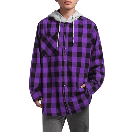 Mens Plaid Shirts Casual Long Sleeve Button Down Hoodies Preppy School Jackets Fall Fashion Color Block Hooded Sweatshirt Top2