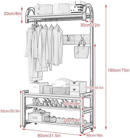 Freestanding Entryway Hall Tree with Coat Rack, Shoe Bench, 2 Hooks & 3 Tier Storage Shelf, Perfect for Dorms & Apartments