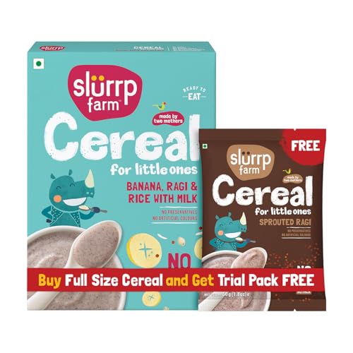 Image of Slurrp Farm No Added Sugar Instant Cereal | Ragi, Rice and Banana with Milk | Free Sprouted Ragi Cereal Trial Pack | 200g + Free 50g