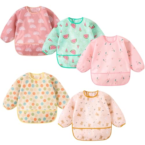 Yunguui 5 Pcs Baby Bibs with Sleeves Waterproof Weaning Bib Toddler Apron 3-30 Months
