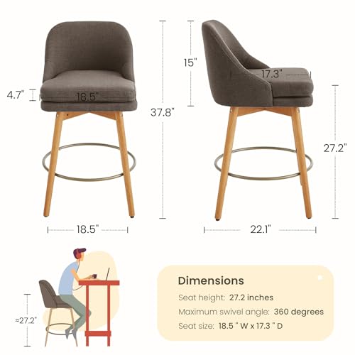 Image of kinmars Modern Bar Stools Set of 2,Swivel Counter Height Bar Stools with Soft Upholstered Back,Thick Seat,Wooden Legs, 27 inch Counter Stools for Kitchen Island (Brown, 2 Pieces - 27 inch Counter Height)