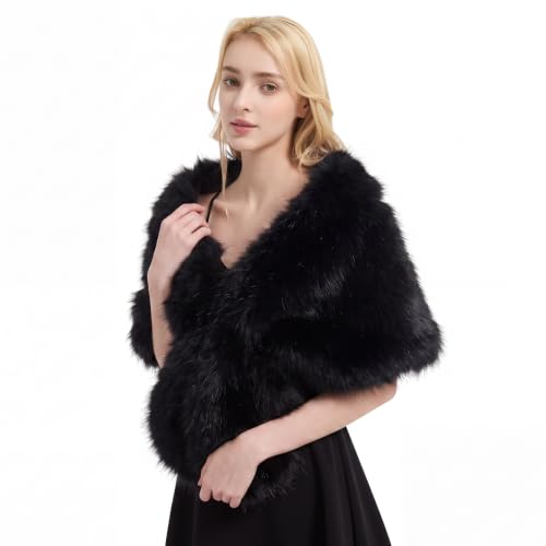 MEEWARM Faux Fur Shawl – Fluffy Wrap for Wedding Party Black