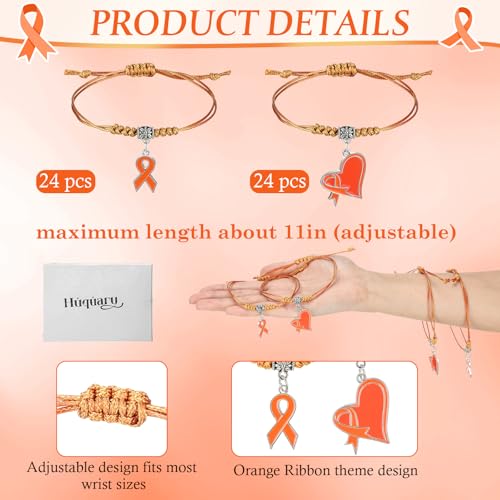 12/24/48 Pcs Orange Leukemia Awareness Bracelets Bulk Adjustable Orange Ribbon Multiple Sclerosis Bracelets Leukemia Awareness Gifts for Men Women Cancer Survivor Fighter Jewelry2