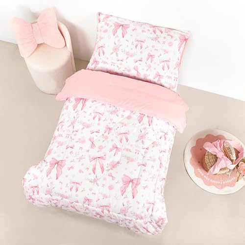 Image of Toddler Bedding Set for Girls 4 Pieces Pink Rose, Soft Breathable Toddler Comforter Set, Bow Flower Print, Includes Reversible Comforter, Fitted Sheet and Flat Sheet, Pillowcase