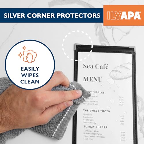 Image of Ilyapa 30 Pack of Menu Covers 4.25 x 11 - Single Page, 2 View, Restaurant Menu Covers, 4.25x11 Clear Plastic Sleeves, Transparent Viewing Surfaces
