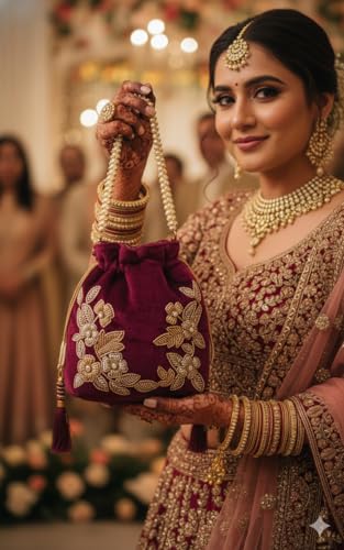 Image of Velvet Potli Bag with Golden & Silver Beaded Flower Embroidery - Handcrafted Ethnic Drawstring Bag for Weddings, Parties & Festive Gifts - Beaded Handle & Tassels for Women