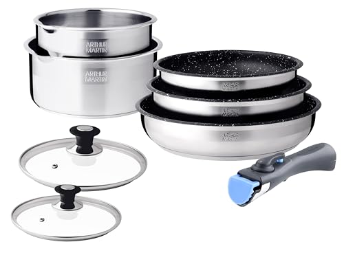 Arthur Martin, Ensemble de Cuisine 8 pièces en Acier Inoxydable - 3 Poêles (20-24-26 cm), 2 Casseroles (16-20 cm), 2 Couvercles en Verre, Poignée, Tous Feux Induction, Intérieur Anti-Adhérent