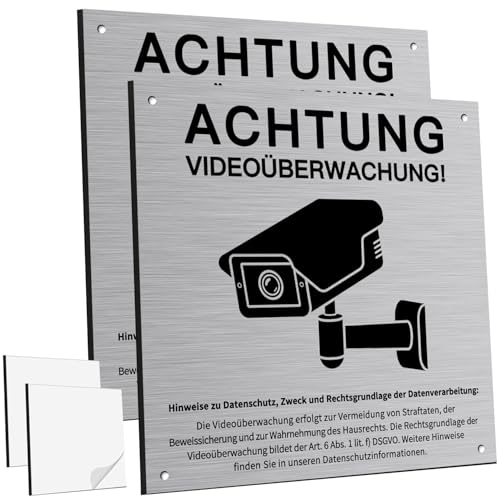 2 Stück Achtung Videoüberwachung Schild Privatgrundstück mit DSGVO Hinweis 15x15cm Aluminium Schilder Kameraüberwachung mit Selbstklebend und 2 Bohrlöcher Kamera Überwachung Warnschild