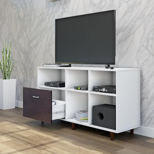 Image of VIKI Modern TV Unit for Living Room | Engineered Wood TV Cabinet with 1 Drawer Storage & 3 Open Shelves, Entertainment Unit, 140W x 74H x 40D cm | DIY | 1 Year Warranty (White & Wenge)