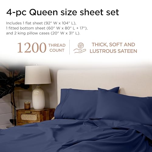 Image of Threadmill 1200TC Supima Cotton Queen Sheet Set, Sateen, Folkstone Blue | 100% Supima Cotton, Sateen Weave, 4-Piece Set, 17 inch Deep Pocket, All-Around Elastic, No-Pill, Hotel Quality, Machine Washable