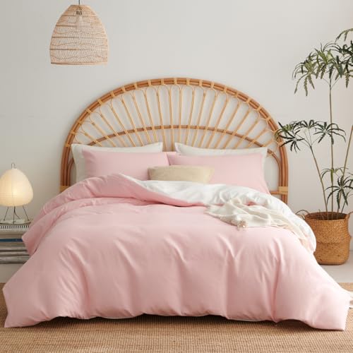 Jolusere Pink Duvet Cover Queen Size 3 Pieces, Blush Pink with White, Princess Style Girls Bedding Set Soft Microfiber Cute Solid Color Bedding Modern Aesthetic Comforter Cover with 2 Pillowcases