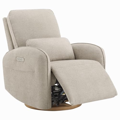 Image of CHITA Power Swivel Glider Recliner Chair, Nursery Rocker, Fabric in Khaki | Electric Recliner with Removable Lumbar Pillow, FSC Certified, Comfortable Rocking Chair for Living Room & Nursery
