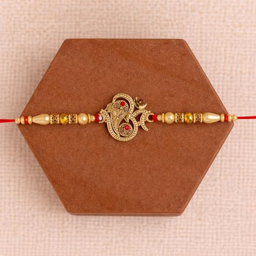 Image of Riddhika Ventures Glorious Gold Plated Religious Diamond Ring Rakhi || Traditional Rakhi Set of 2 & Festive Gift || Rakhi Gift Combo for Bhaiya Bhabhi