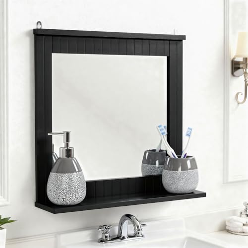 Taylor & Brown Wood Framed Wall-Mounted Mirror Bathroom Mirror with Shelf Hanging Vanity Mirror for the Living Room and Bathroom - L40cm x W13cm x H42.5cm (Black)