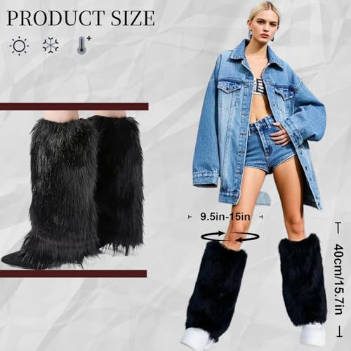 Women's Fur Leg Warmers Faux Fur Fluffy Leg Warmers Soft Boot Cuffs Cover for Halloween, Christmas, Mardi Gras, Black2