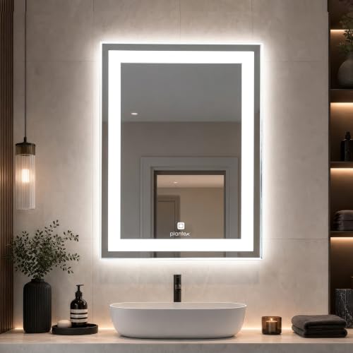 Image of Plantex Metal LED Wall Mirror with Triple-Tone /Touch Mirror for Bedroom /Dressing Room /Living Room - Rectangle Shape (18 X 24 Inch)