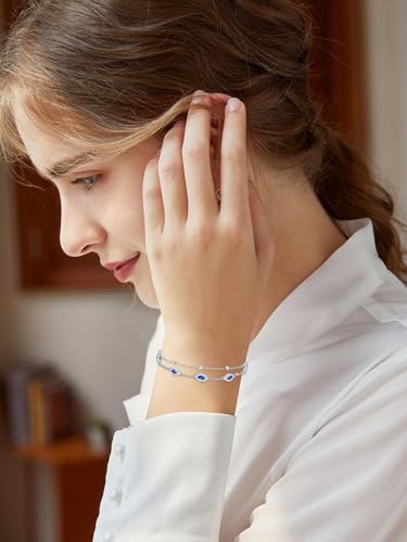 Evil Eye Birthstone Charm Link Bracelet 925 Sterling Silver Evil Eye Bracelet with 12 Months Birthstone Birthday Jewelry Gifts for Women Mom Her,Chain Length 7"+2" Extend2