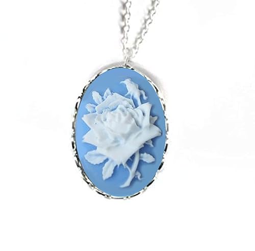True Blue Rose Cameo Necklace 25x18mm, Victorian Flower Necklace