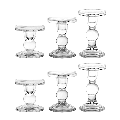 BTGLLAS 6-Piece Set of Glass Candlestick, Crystal Candlestick Holder Holder and Conical Candle, Christmas Candle Holder Decoration, Family Living Room Wedding Candle Holder (Clear 2sets)