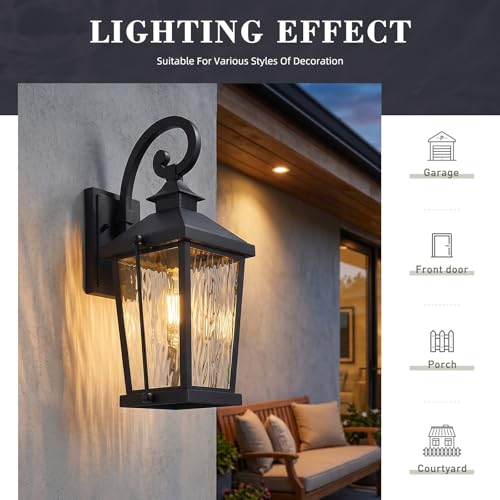 Image of zeyu 16 Inch Outdoor Wall Lighting, Modern Black Exterior 1-Light Wall Lamp for Porch Backyard, Die-Cast Aluminum with Water Ripple Glass, Black Finish, ZW105B BK-SW