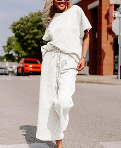 OPCAKM Women's 2 Piece Textured Sweatsuit Knit Short Sleeve Pullover Top Wide Leg Pant Tracksuit Set2
