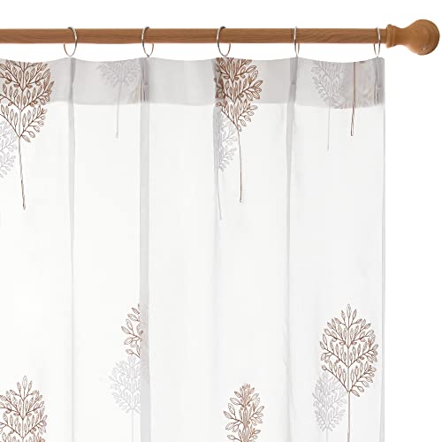 Deconovo レースカーテン UVカット 外から見えない 幅100x丈176cm 2枚組 ブラウンホワイト 木柄 おしゃれ 断熱 保温 猛暑対策 透けない 柔い 北欧