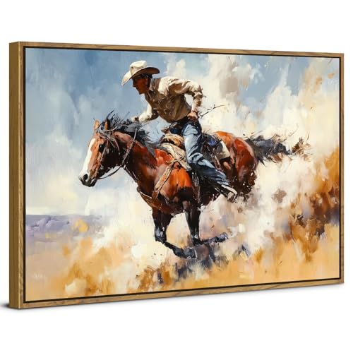 Image of Western Wall Art Retro Cowboy Framed Wall Art Cowboy Riding Horse Canvas Prints Vintage Farmhouse Western Rodeo Wall Decor for Living Room Bedroom Office Rustic Country Artwork Home Decorations 24x36