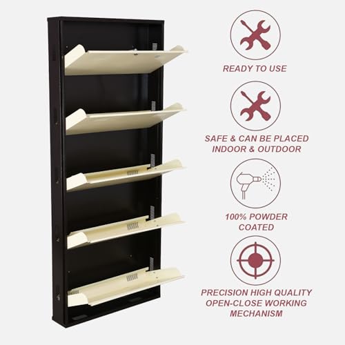 Image of Metal Shoe Rack Wall Mounted for Home with Central Locking 5 Door 28 inch Wall Mounted Metal 15 Pair Shoe Rack Cabinet Pre-Assembled Rack Shelves 3 Year Warranty (Brown & Ivory)