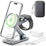 Wireless Charger 3 in 1,Foldable Wireless Charging Station for Apple MagSafe Charger,Aluminum Portable Magnetic Travel Charger Stand for iPhone,Watch,Aipods (with 20W Adapter & Case)