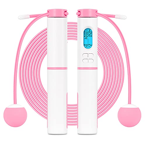 Cordless Weighted Jump Rope for Working Out, 2 in 1 Adjustable Skipping Rope & Ropeless Jump Ropes with Counter, Calorie Counter & Timer, Indoor Outdoor Jump Rope for Men Women Kids Jumping Rope (Pink)