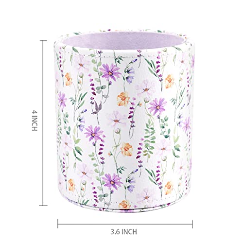 Image of Pen Holder, Makeup Brush Holder Leather Cute Vintage Flowers Pattern Pencil Cup for Girls Kids Women Durable Stand Desk Organizer Storage Gift for Office, Classroom, Home, Cute Flower