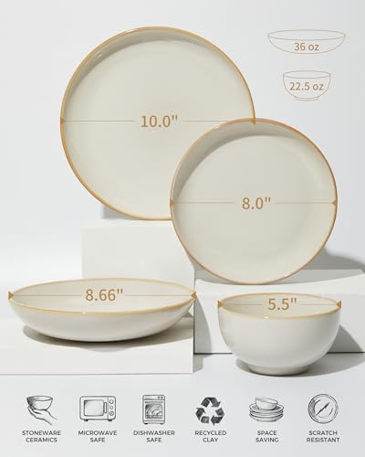 Image of Pokini 24 Piece Double Bowl Dinnerware Sets with Pasta Bowls, Highly Chip and Crack Resistant Plates and Bowls Sets, Natural Earthyware Ceramic Dishware Sets, Service for 6 Yellow White