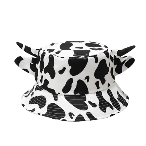 Cow Print Bucket Hat with Cute Horn Ears Cow Print Summer Beach Sun Hat Fisherman's Cow Bucket Hat White
