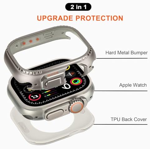 Metal Cases Compatible with Apple Watch Ultra 2/Ultra 49mm Case, 2 in 1 Stainless Steel Protective Cover Rugged Bumper with Back Frame for iWatch Ultra 49mm, Titanium