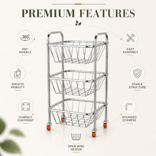 Image of TUNIS 3 Tier Stainless Steel Open Wire Trolley | Multipurpose Vegetable & Fruit Basket Rack | 360 Wheels| Strong Welded Frame| Rolling Utility Organizer for Kitchen, Pantry & Home