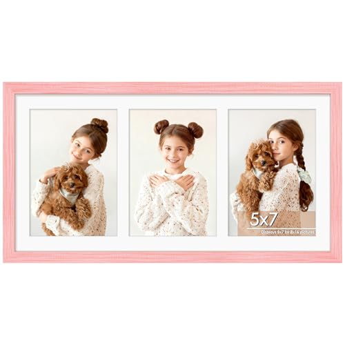 Image of DUENPY 8x16 Collage Picture Frame 5x7 Collage Picture Frame Displays Three 5x7 inch Photos or 8x16 (Without Mat) for Available Horizontal Wall Mounting Display and Vertical Pink