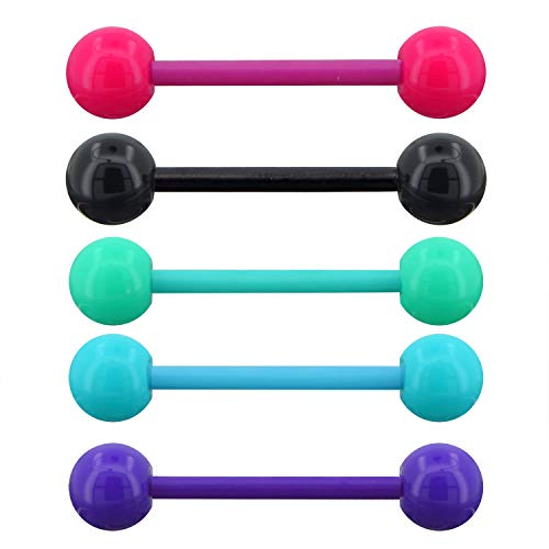 OUFER 14G 5PCS Soft Acrylic Tongue Rings Barbell Colorful Tongue Barbell Tongue Piercing for Women