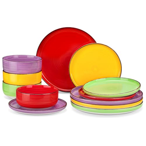 vancasso Bonita Stoneware Dinnerware Sets 12 Pieces Dishes SetPolished Round Plates and Bowls Set for 4 Dishwasher and Microwave Safe Multicolor