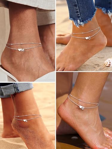 Image of PROSILVER Ankle Bracelets for Women S925 Sterling Silver Anklets for Women Waterproof, Dainty Layered Heart Anklet, Beach Initial Anklet for Summer, Letter A-Z