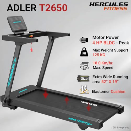 Image of Hercules Fitness T2650 2.0 .0 HP Peak DC Motorized Foldable Treadmill | 15 Level Power Incline | Bluetooth MP3 Player Available | Max Speed 18 Km /Hr | Max User Weight 125 Kg