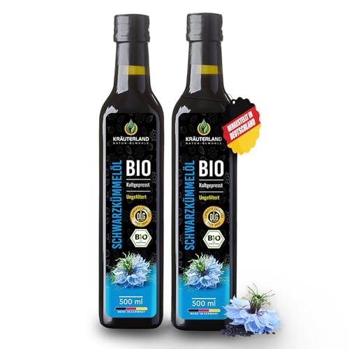 Kräuterland Bio Schwarzkümmelöl 2X500ml (1Liter), ungefiltert, mühlenfrisch aus unsrer hessischen Ölmühle, ohne Zusatzstoffe, hoher Thymochinon, Omega Fettsäuren, kaltgepresst, vegan, mild